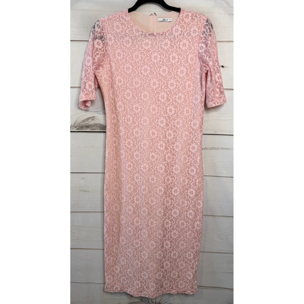 Roam Womens Pink Floral Lace Sheath Dress Short Sleeve Midi Blush Size M